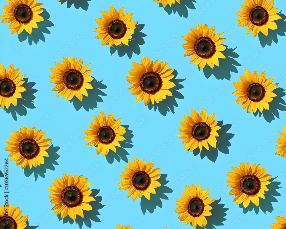 Vibrant Sunflower Pattern Scattered Across Serene Sky Blue Background for Botanical Floral and Minimalist Design Concepts Vibrant Sunflower Pattern Scattered Across Serene Sky Blue Background for Botanical Floral and Minimalist Design Concepts