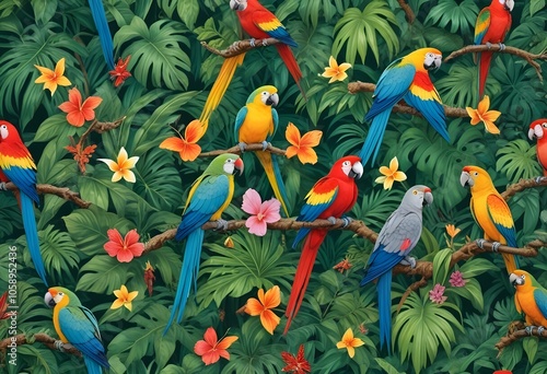 Tropical exotic pattern with animal and flowers in bright colors and lush vegetationn photo