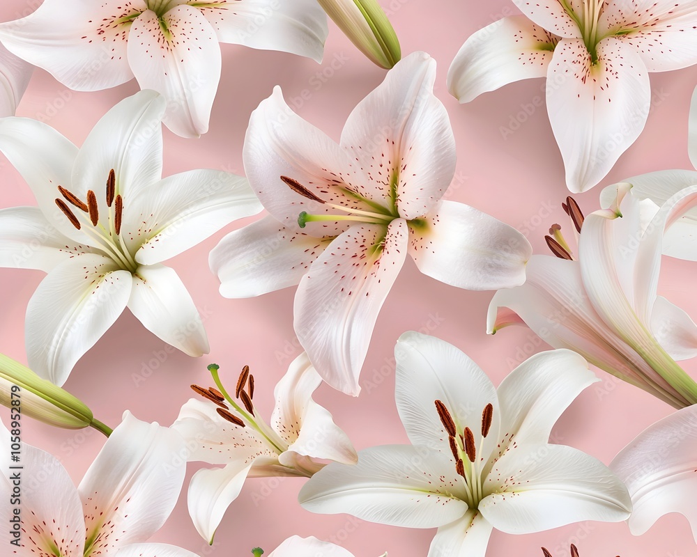 Delicate Lily Flowers in Soft Pink and White Seamless Pattern on Pastel Background Delicate Lily Flowers in Soft Pink and White Seamless Pattern on Pastel Background