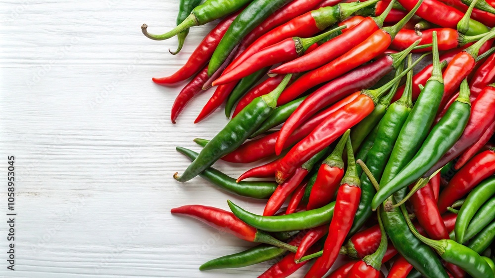 Vibrant organic red and green cayenne peppers on white background Vibrant organic red and green cayenne peppers on white background