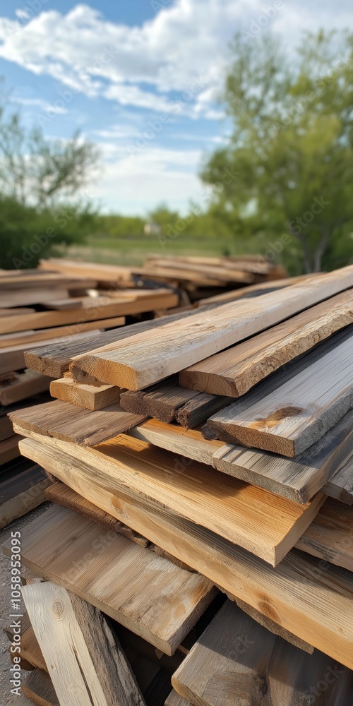A pile of wood is stacked up in a field. The wood is brown and he is old. Scene is calm and peaceful, as the wood is not being used for anything in particular A pile of wood is stacked up in a field. The wood is brown and he is old. Scene is calm and peaceful, as the wood is not being used for anything in particular