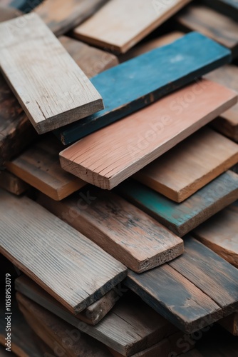 A pile of wood with different colors stacked on top of each other. Concept of creativity and resourcefulness, as the wood can be used for various purposes such as building, crafting, or decoration