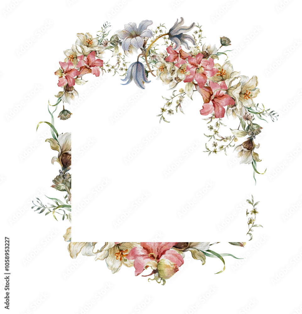 Obraz premium watercolor painting of leaves and flower, on transparent background