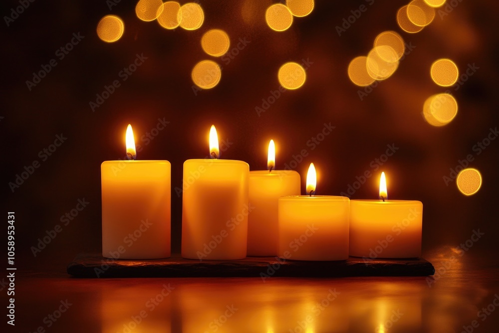Five Lit Candles on a Slate Coaster with Bokeh Lights Five Lit Candles on a Slate Coaster with Bokeh Lights