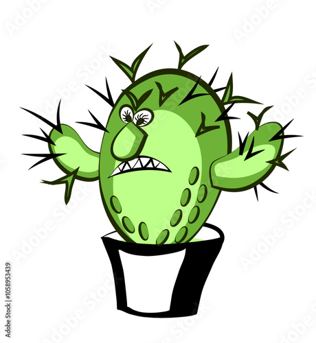 Funny angry cactus in a flower pot. Vector cartoon illustration.