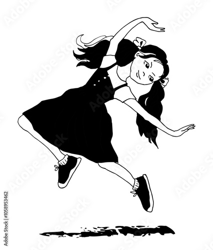 Cute little girl jumping up and feel happy. Vector illustration, black and white.