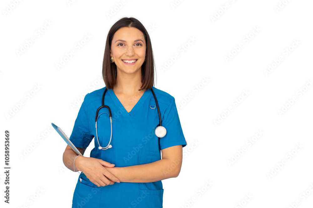 Young medical professional in scrubs, healthcare focus Young medical professional in scrubs, healthcare focus