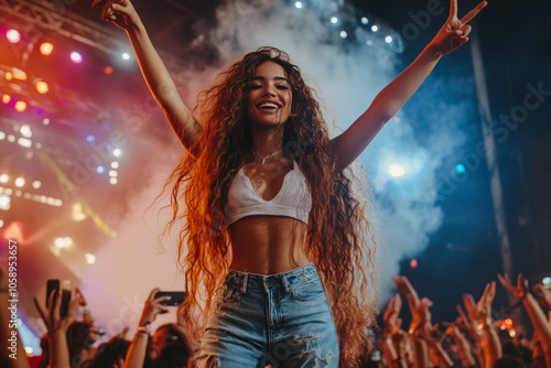 A vibrant music festival crowd enjoys a performance under colorful lights during summer evening photo