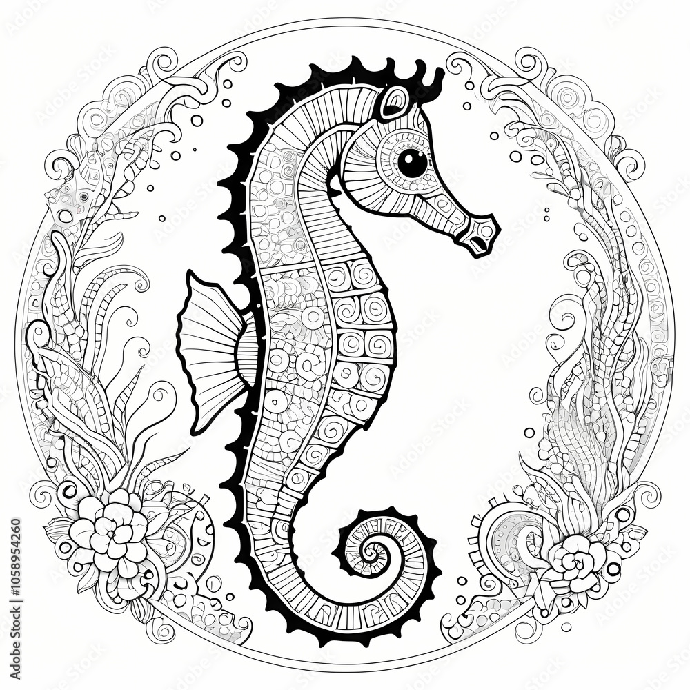 Fototapeta premium Doodle Seahorse Mandala Coloring Page