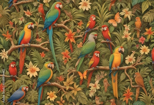 Tropical exotic pattern with animal and flowers in bright colors and lush vegetationn photo