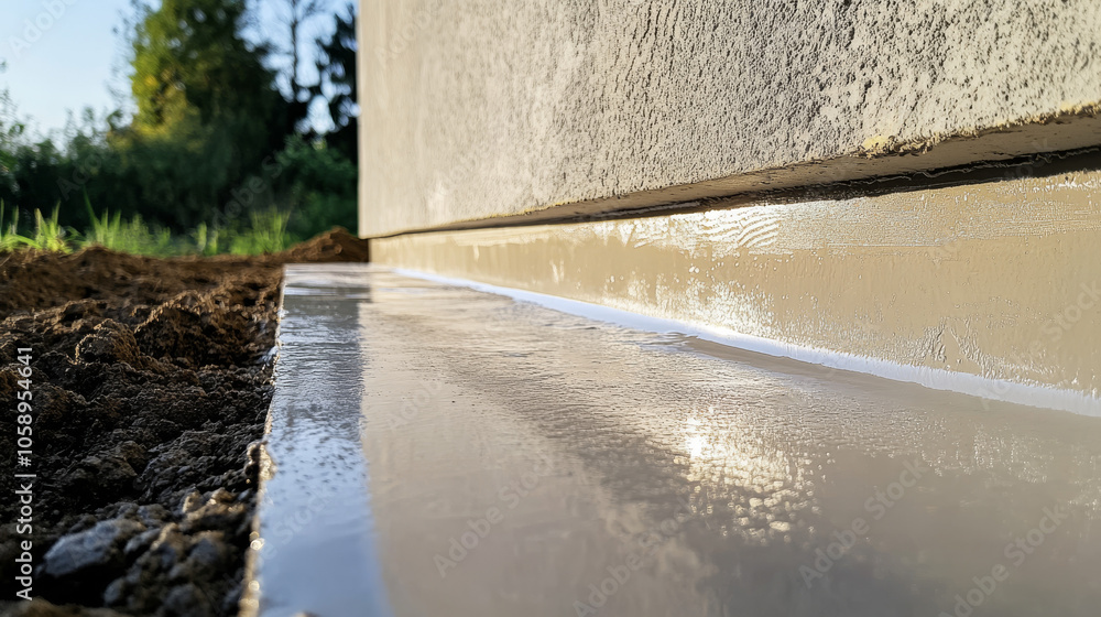 primer being applied to concrete foundation surface, clear protective layer coating concrete wall, soil compacted around base primer being applied to concrete foundation surface, clear protective layer coating concrete wall, soil compacted around base