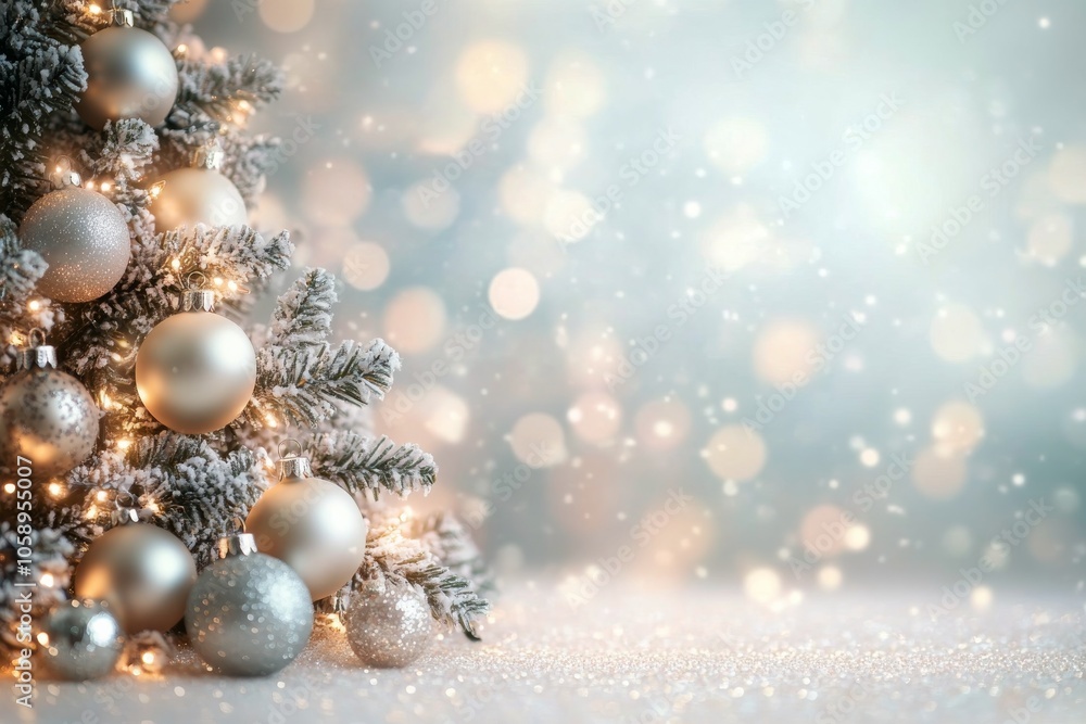 Softly glowing silver Christmas ornaments scattered among soft white lights in a warm setting