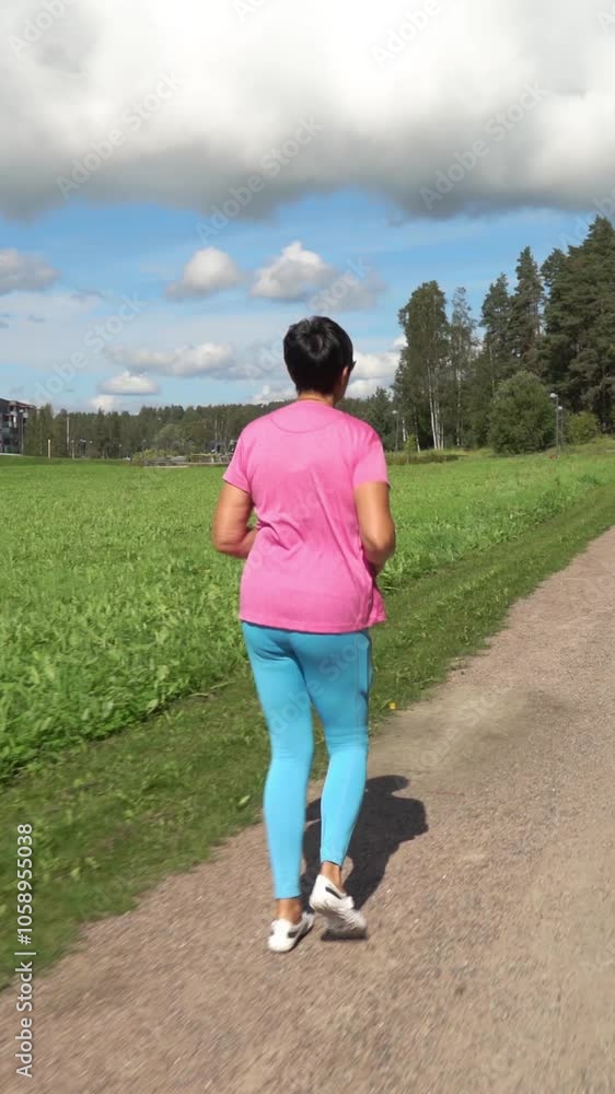 Athletic active mature woman in sportswear jogging in a city park in Finland. Elderly female runner in sportive outfits running outdoors. Healthy lifestyle concept Athletic active mature woman in sportswear jogging in a city park in Finland. Elderly female runner in sportive outfits running outdoors. Healthy lifestyle concept