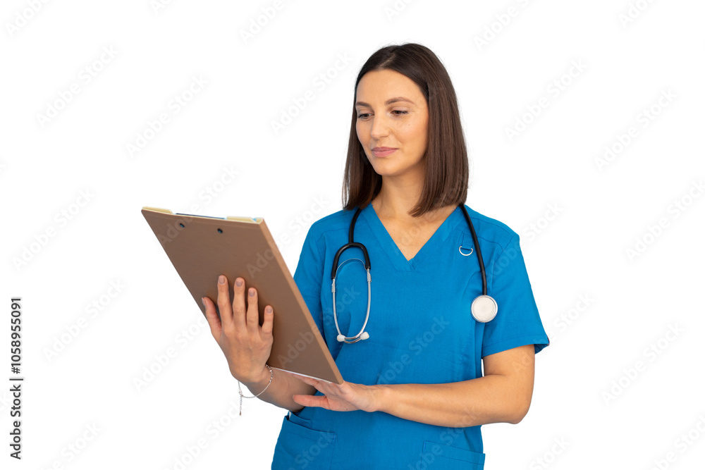 Confident young woman in medical scrubs, healthcare professional Confident young woman in medical scrubs, healthcare professional