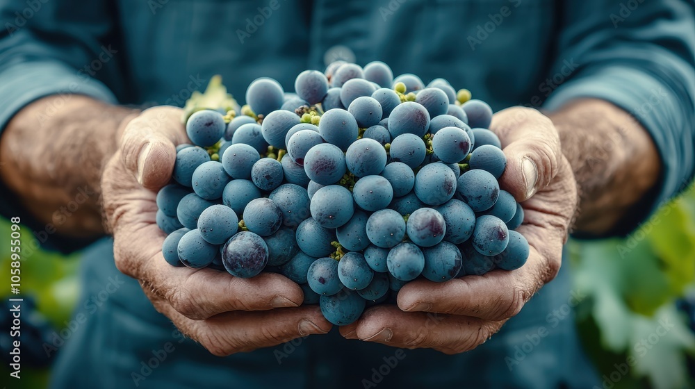 A pair of hands gently holds a large bunch of ripe, blue grapes in a lush vineyard setting, showcasing the beauty of fresh produce. A pair of hands gently holds a large bunch of ripe, blue grapes in a lush vineyard setting, showcasing the beauty of fresh produce.