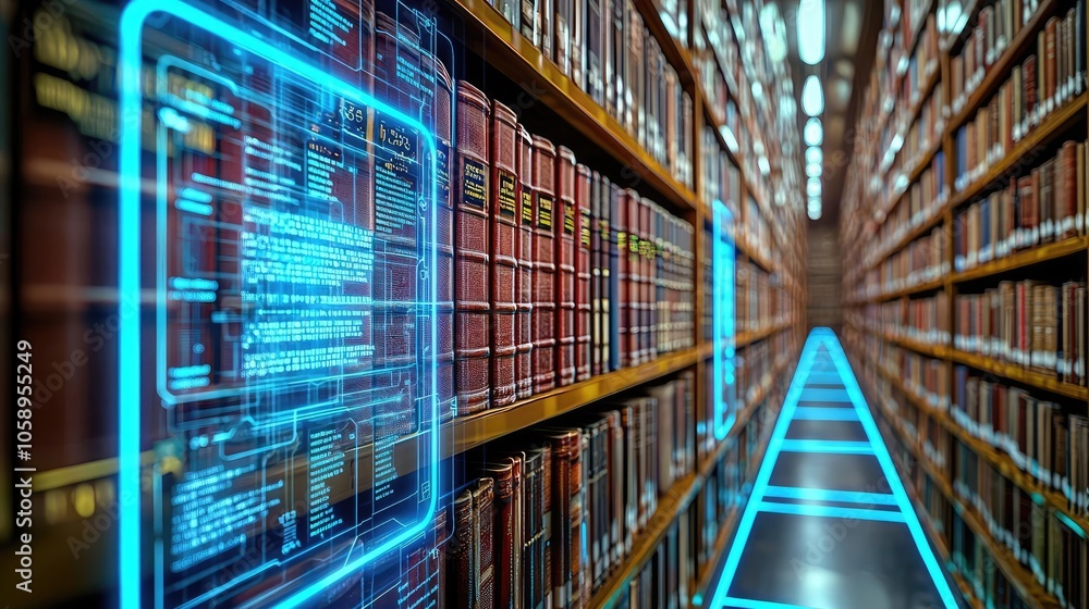 Futuristic library with digital interface among rows of books. Futuristic library with digital interface among rows of books.