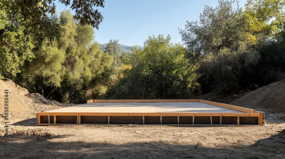  wooden formwork set up for a concrete slab foundation, precise alignment of boards around the perimeter, soil surface leveled