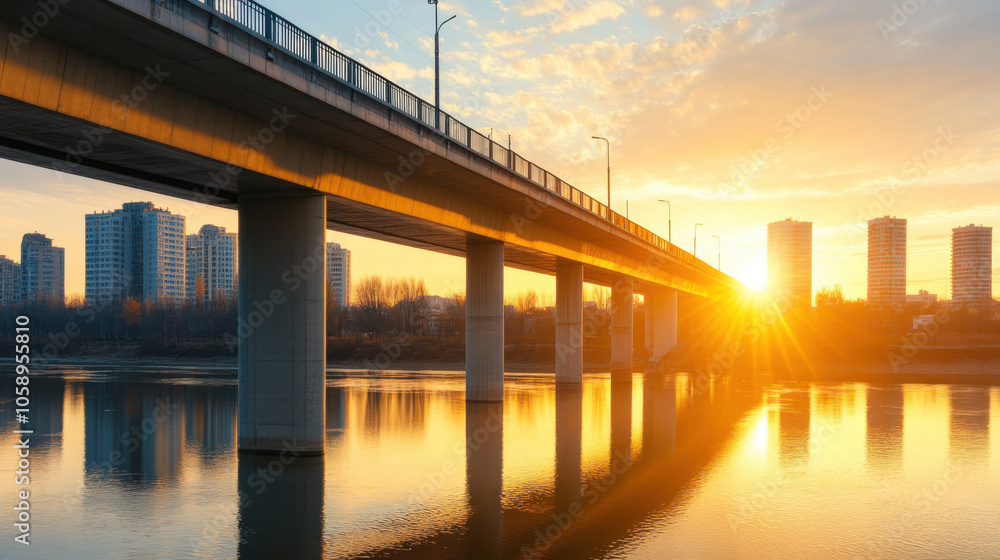 Stunning sunset view of bridge over river, reflecting golden hues. city skyline adds to serene atmosphere. Stunning sunset view of bridge over river, reflecting golden hues. city skyline adds to serene atmosphere.