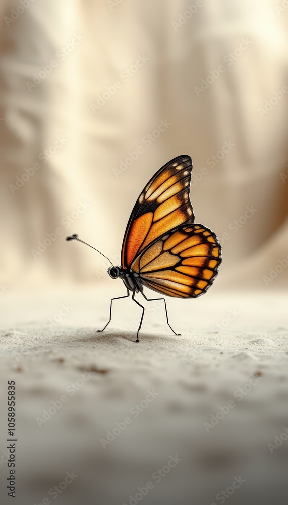 Closeup of a Monarch Butterfly with Open Wings on a White Surface Closeup of a Monarch Butterfly with Open Wings on a White Surface