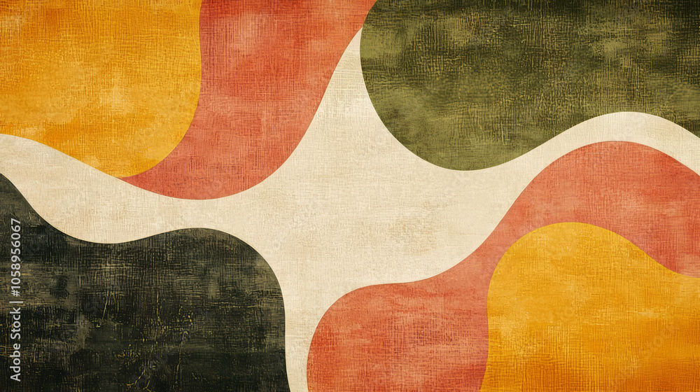 Retro-inspired abstract art featuring curved shapes in warm tones of red, yellow, and green. The textured finish adds a vintage feel. AI generative. Retro-inspired abstract art featuring curved shapes in warm tones of red, yellow, and green. The textured finish adds a vintage feel. AI generative.
