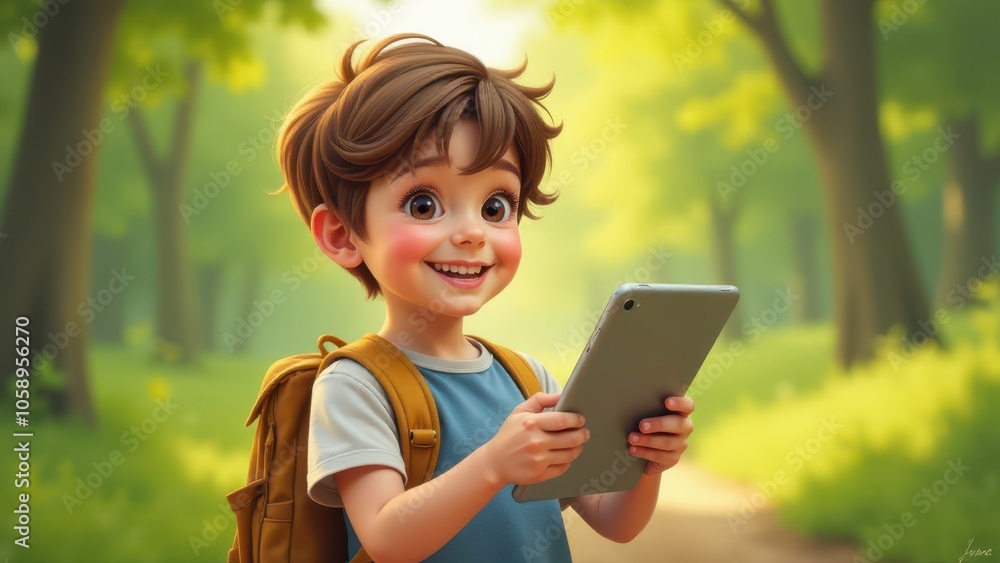 A young vlogger holds a tablet outdoors, smiling brightly in a sunlit forest. His cheerful expression highlights a moment of child vlogging or digital exploration in nature. A young vlogger holds a tablet outdoors, smiling brightly in a sunlit forest. His cheerful expression highlights a moment of child vlogging or digital exploration in nature.