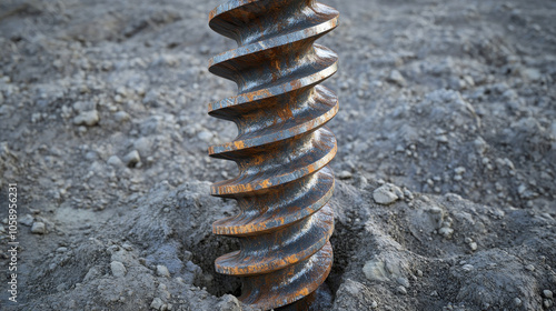 close-up on a helical screw pile design, sturdy steel spirals visible, grounded in compacted soil