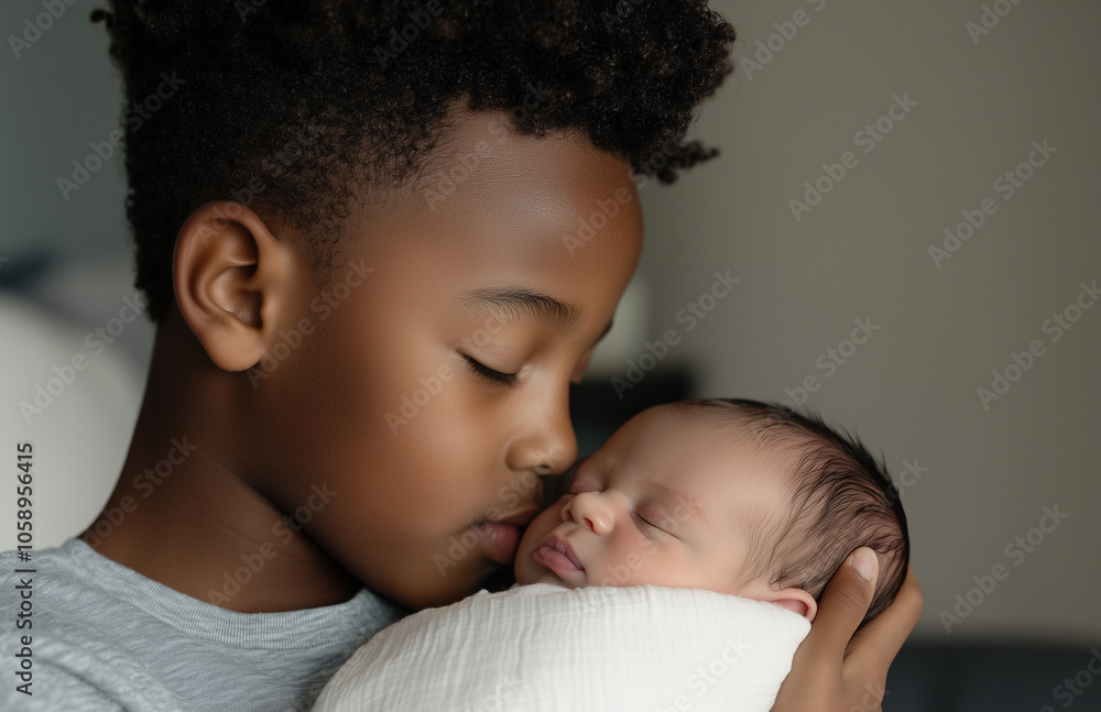 A happy black boy holds his newborn baby brother in the living room A happy black boy holds his newborn baby brother in the living room