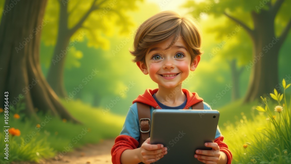 A young vlogger holds a tablet outdoors, smiling brightly in a sunlit forest. His cheerful expression highlights a moment of child vlogging or digital exploration in nature. A young vlogger holds a tablet outdoors, smiling brightly in a sunlit forest. His cheerful expression highlights a moment of child vlogging or digital exploration in nature.