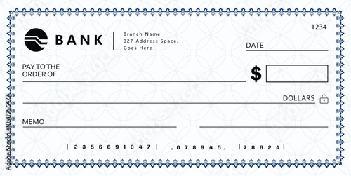 Blank bank check, checkbook cheque template or money payment paper voucher, vector mockup. Business or personal account cash pay cheque certificate or paycheck coupon from checkbook	