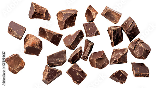 dark chocolate pieces isolated on white background