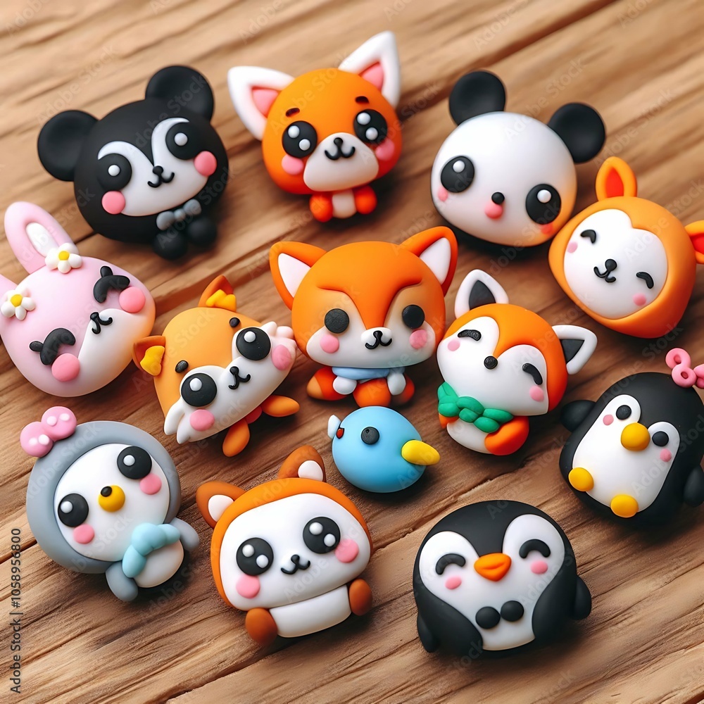 Kawaii polymer clay animal figurines including foxes, pandas, penguins, a bunny, and a bird with cute expressions on a wooden surface
Kawaii polymer clay animal figurines including foxes, pandas, penguins, a bunny, and a bird with cute expressions on a wooden surface