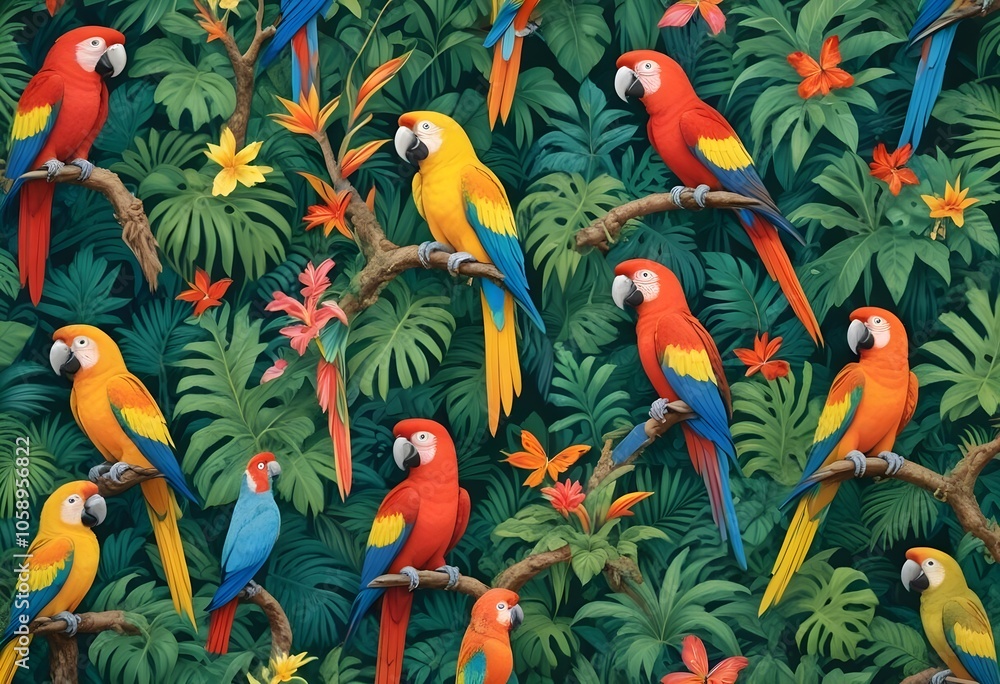 Tropical exotic pattern with animal and flowers in bright colors and lush vegetationn Tropical exotic pattern with animal and flowers in bright colors and lush vegetationn
