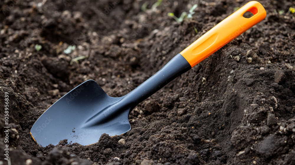 hand tool placed in a trench for manual digging, clean soil around trench edge, shovel poised for digging hand tool placed in a trench for manual digging, clean soil around trench edge, shovel poised for digging