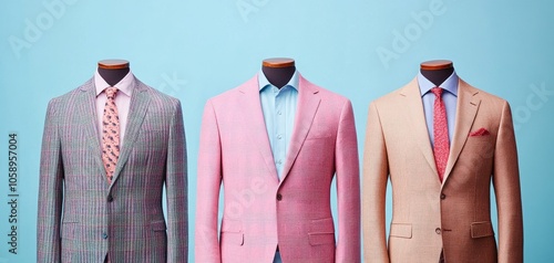 Three stylish suits displayed on mannequins, showcasing modern fashion in pastel colors against a light blue backdrop. photo