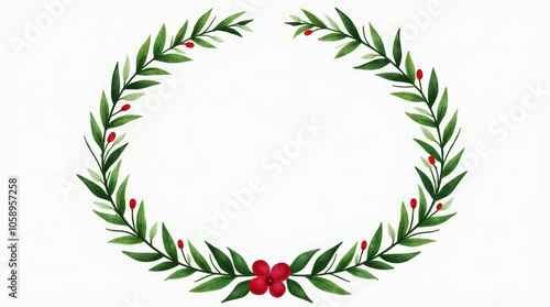 Christmas Round Border of Pine Branches, Eucalyptus, and Red Berries Illustration