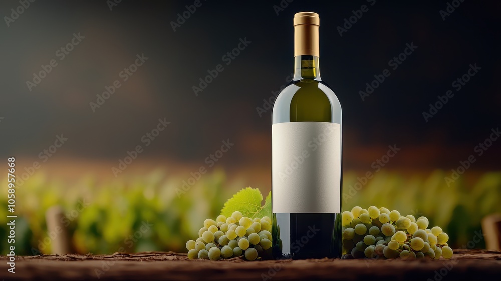 Fototapeta premium A green wine bottle stands on a wooden surface beside fresh grapes, set against a blurred vineyard backdrop, emphasizing elegance and richness.