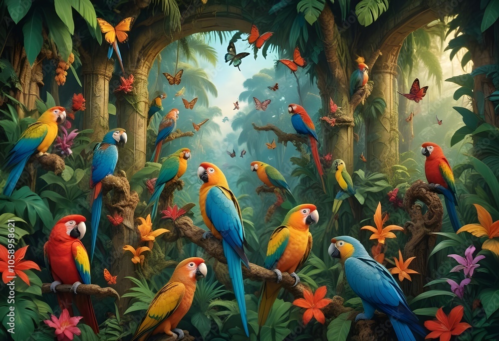Tropical exotic pattern with animal and flowers in bright colors and lush vegetationn Tropical exotic pattern with animal and flowers in bright colors and lush vegetationn