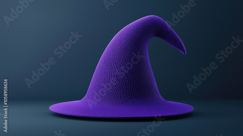 Textured purple witch hat with a pointed tip and wide brim against a dark blue background, showcasing a whimsical and magical theme. photo