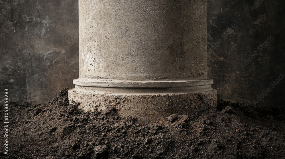 elegantly finished concrete posts in a column foundation, smooth decorative surface, soil evenly surrounding base elegantly finished concrete posts in a column foundation, smooth decorative surface, soil evenly surrounding base