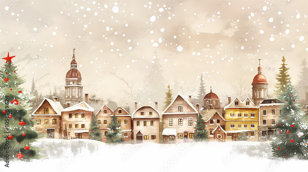 Fototapeta premium Postcard and Illustration: Quaint Snow-Covered Village Under A Gentle Winter Sky With Towering Christmas Trees And Classic European Architecture, Dusted In Fresh Snow, Amid Softly Falling Flurries