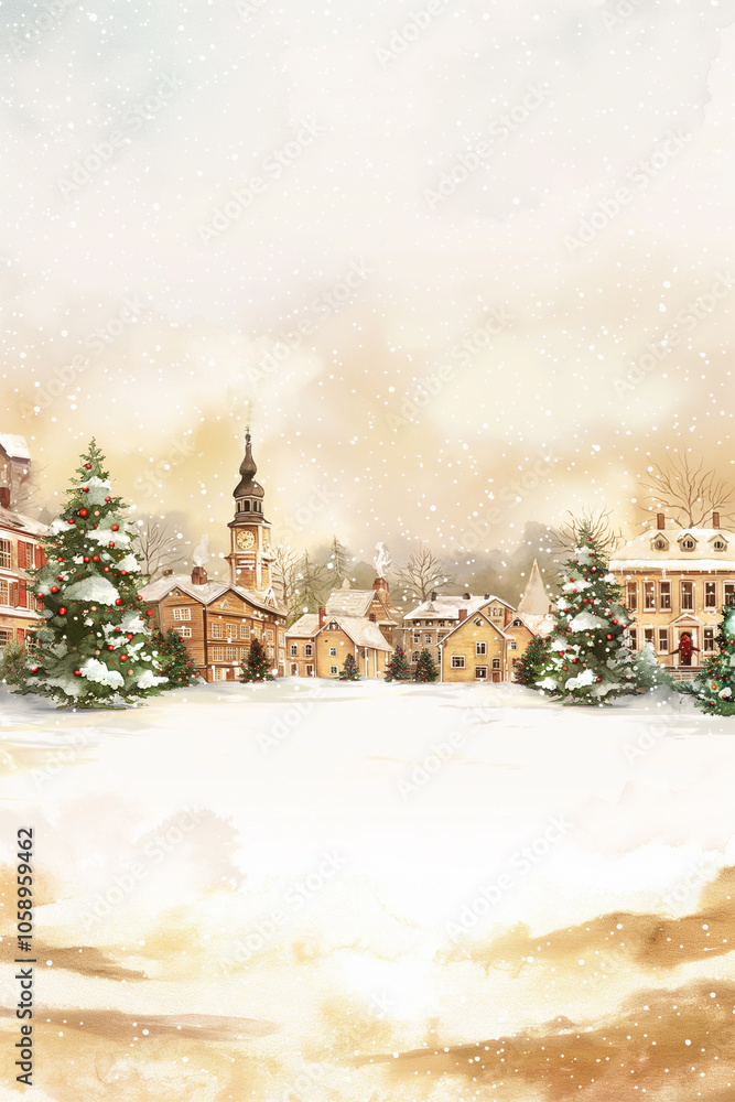 Postcard and Illustration: Quaint Snow-Covered Village Under A Gentle Winter Sky With Towering Christmas Trees And Classic European Architecture, Dusted In Fresh Snow, Amid Softly Falling Flurries Postcard and Illustration: Quaint Snow-Covered Village Under A Gentle Winter Sky With Towering Christmas Trees And Classic European Architecture, Dusted In Fresh Snow, Amid Softly Falling Flurries