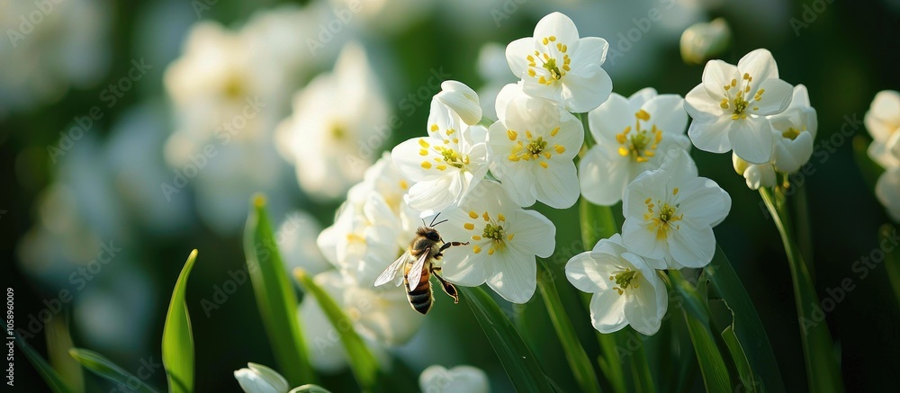 White Flowers In The Garden And A Bee That Pollinates Them White Flowers In The Garden And A Bee That Pollinates Them