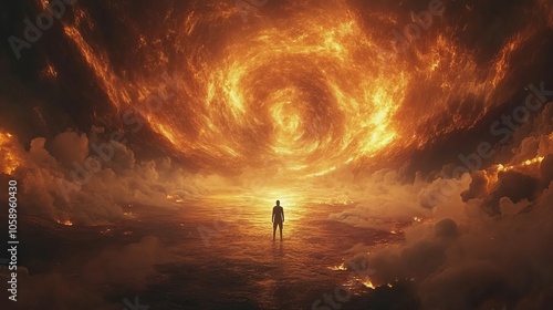 A Solitary Figure Faces the Fiery Vortex