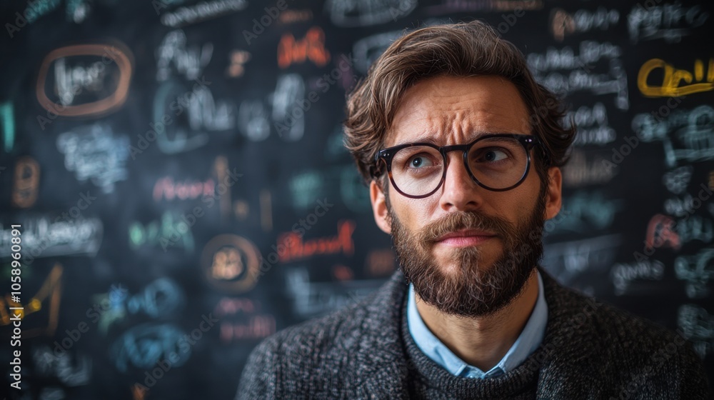 Thoughtful Man with Beard and Glasses Pondering in Front of a Blackboard Thoughtful Man with Beard and Glasses Pondering in Front of a Blackboard