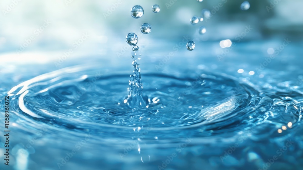 Droplets falling into serene blue water illuminated by soft light Droplets falling into serene blue water illuminated by soft light