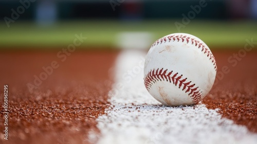 Baseball sitting on the chalk line of an infield at a stadium