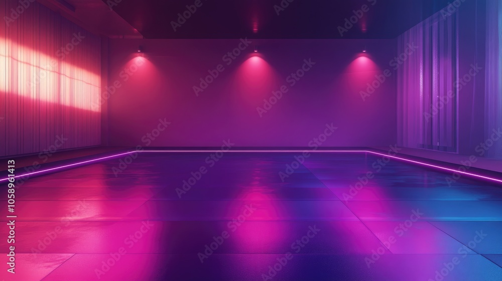 Illuminated warm floor with a transition of purple and pink spotlight showcasing a fitness app UI featuring vibrant colors and intricate details