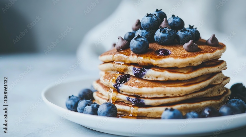 Tasty pancakes topped with chocolate chips honey and blueberries A healthy breakfast idea featuring ample copy space Banner style Tasty pancakes topped with chocolate chips honey and blueberries A healthy breakfast idea featuring ample copy space Banner style