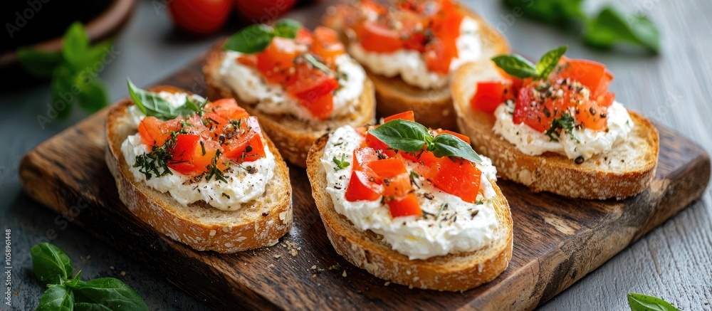 Toasted Breads Of Baguette With Cream Cheese And Vegetables Toasted Breads Of Baguette With Cream Cheese And Vegetables