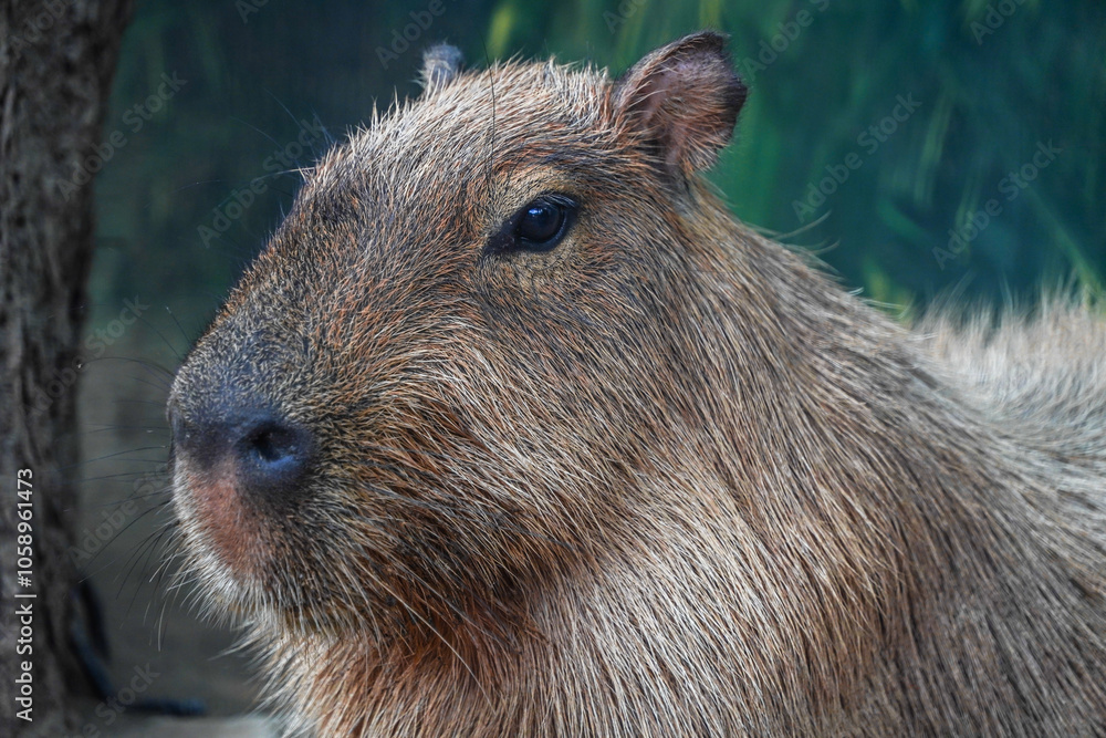 A capybara is eating and chewing grass. Concept for World Animal Day A capybara is eating and chewing grass. Concept for World Animal Day